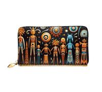 Leather Women Wallets, Long Credit Card Holder, Primitive Totem Print Billfold Clutch & Travel Purse Large Capacity