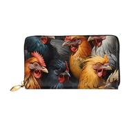 Leather Women Wallets, Long Credit Card Holder, roosters dressed in many colors Print Billfold Clutch & Travel Purse Large Capacity