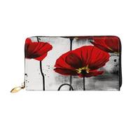 Leather Women'S Beautiful Poppy Flower Ink Wallets Large Capacity Card Holder Ladies Purse With Multiple Card Slots Long Ladies Purse With Zipper Compartment 19cm*10.5cm Ladies Purses Soft Leather