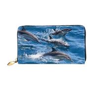 Leather Women'S Dolphins In The Sea Printed Wallets Large Capacity Card Holder Ladies Purse With Multiple Card Slots Long Ladies Purse With Zipper Compartment 19cm*10.5cm Ladies Purses Soft Leather