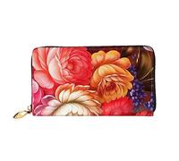 Leather Women'S Red Beautiful Flower Printed Wallets Large Capacity Card Holder Ladies Purse With Multiple Card Slots Long Ladies Purse With Zipper Compartment 19cm*10.5cm Ladies Purses Soft Leather