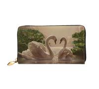 Leather Women'S Swan Green Leaves Printed Wallets Large Capacity Card Holder Ladies Purse With Multiple Card Slots Long Ladies Purse With Zipper Compartment 19cm*10.5cm Ladies Purses Soft Leather
