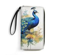 Leather Womens Wallet Wristlet,Three Pelicans Printed Large Capacity Clutch Credit Card Holder Purse, Peacock watercolor painting, 19.7x10.5cm