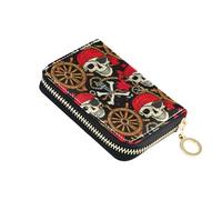 Leather Womens Wallets Card Holder Wallets RFID Blocking Small Travel Wallet with Zipper Nautical Pirate Skulls Red Black