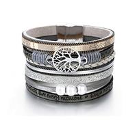 leather wrap bracelets for women, boho leopard multi-layer crystal cuff bracelet jewelry A),Tree of Life(Grey),A