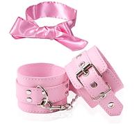 Leather Wrist Handcuffs Bracelet Role Play Exercise Bands Adjustable Chain and Satin Sleeping Mask Eye Mask for Halloween Cosplay