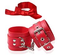 Leather Wrist Handcuffs Bracelet Role Play Exercise Bands Adjustable Chain and Satin Sleeping Mask Eye Mask for Halloween Cosplay