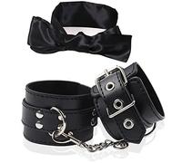 Leather Wrist Handcuffs Bracelet Role Play Exercise Bands Adjustable Chain and Satin Sleeping Mask Eye Mask for Halloween Cosplay