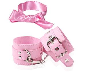 Leather Wrist Handcuffs Bracelet Role Play Exercise Bands Adjustable Chain and Satin Sleeping Mask Eye Mask for Halloween Cosplay