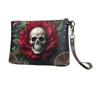 Leather Wristlet Clutch Purse Floral Skeleton Roses In Bloom Cell Phone Pouch Bag Clutch Wallet For Women Ladies Zipper Handbags Purse Gifts For Women