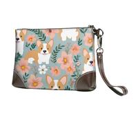 Leather Wristlet Clutch Purse For Women Ladies Cell Phone Pouch Bag Clutch Wallet Corgi Floral Flowers Spring Garden Zipper Handbags Purse Gifts For Women