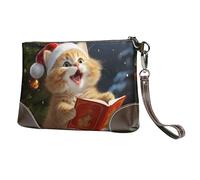 Leather Wristlet Clutch Purse For Women Ladies Cell Phone Pouch Bag Clutch Wallet Cute Cat Sing Christmas Carols Zipper Handbags Purse Gifts For Women