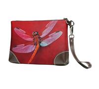 Leather Wristlet Clutch Purse For Women Ladies Cell Phone Pouch Bag Clutch Wallet Dragonfly On Red Background Zipper Handbags Purse Gifts For Women