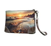 Leather Wristlet Wallet For Women Ladies Clutch Purses Small Wallet Purses Clutch Handbags Sunset View On The Beach Shore Zipper Purse Gifts For Women