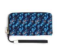 Leather Wristlet Wallets for Women - Blue Flame Skull Guitar Print Small Ladies Wallet Hand Purse with Zipper
