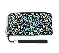 Leather Wristlet Wallets for Women - Neon Leopard Print Small Ladies Wallet Hand Purse with Zipper