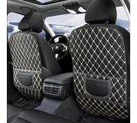 Leatherette Car Seat Protector - 2 Pack Large Car Kick Mats with Storage Pockets Organizer Seat Back Cover Against Dirty Shoes & Scratches, Universal Fit for Most Vehicles, Black with Beige Line