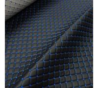 Leatherette Car Seat Upholstery Fabric, 130cm Width Multiple Stitching Colours, Supplied by The Metre as Continuous Piece (Blue Stitch/Box Design)