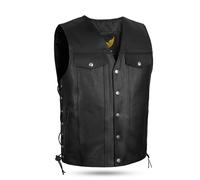 Leatherick Black Denim Style Unisex Genuine Leather Biker Waistcoat with Side Laces and Shiny Silver Buttons