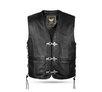 Leatherick Black Genuine Leather Motorcycle Waistcoat | Braided Biker Vest with Fish Hook Buckle and Adjustable Sides (UK, Alpha, XXL, Regular, Short, Black (With Side Laces))