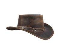 Leatherick Cowboy Hat - Brown Studded Crazy Horse Leather Western Aussie Style Hat with Chin Cord (M, Brown (Studded))