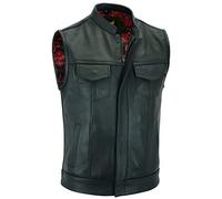 Leatherick Groove Club Men’s Black Leather Motorcycle Waistcoat - Traditional Paisley Satin Liner with Black Stitching (L54)