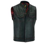 Leatherick Groove Club Men’s Black Leather Motorcycle Waistcoat - Traditional Paisley Satin Liner with Red Stitching (XL58)