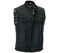 Leatherick Groove Club Men’s Black Leather Motorcycle Waistcoat - Traditional Paisley Satin Liner with White Diamond Stitching (UK, Numeric, 56, Regular, Regular)