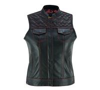 Leatherick Ladies Black Leather Motorcycle Vest - Traditional Paisley Satin Lining with Heart Stitching (UK, Alpha, M, Regular, Regular, Red Stitched)