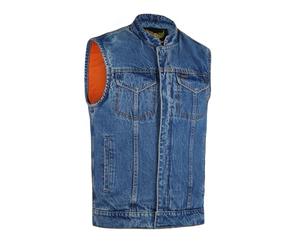 Leatherick Men’s Heavy Duty Denim Biker Waistcoat with Breathable Inner, Dual Closure Motorcycle Riding Waistcoat with Deep Pockets