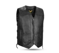 Leatherick Men’s Top-Grain Genuine Cowhide Leather Waistcoat Black Classic Vest with Side Laces and Deep Pockets