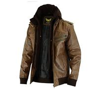 Leatherick Men's Genuine Buffalo Leather Hooded Biker Jacket Brown (UK, Alpha, M, Regular, Regular)