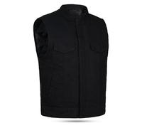 Leatherick SOA Black Mens Body Warmer Denim Waistcoat - Motorcycle Bikers Club Denim Vest with Cherry Quilted Liner and Multiple Pockets
