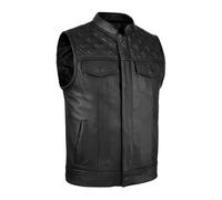 Leatherick SOA Style Motorcycle Vests for Men - Diamond & Honeycomb Stitch Black Genuine Leather Biker Vest with 8 Pockets, Black Diamond, XXL