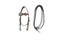 LEATHERRIDE Horse Headstall, Leather Western Browband Headstall and Reins Combo, Natural, Antique, Tooling, Quick Bit Change Headstall and Free Size Reins for Horses (Brown & Blue)