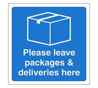 Leave packages and deliveries here sign Information for postmen and couriers Self adhesive vinyl sticker 120mm x 120mm Ideal for home owners and businesses (1)