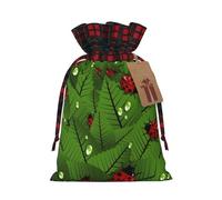 Leaves And Bugs Printing Cute Color Matching Plaid Christmas Bag Drawstring Design For Christmas Party Gift Packaging