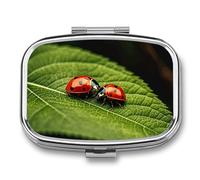 Leaves and Ladybug Pill Box 2 Compartment - Small Metal Medicine Organizer Portable Pill Case for Purse Pocket Travel Vitamin Organizer for Men Women, BPA-Free
