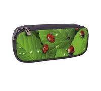 Leaves and Ladybugs Printed Pu Leather Pencil Case Box Flip Pen Bag and Makeup Cosmetic Holder for Girls Boys School Students