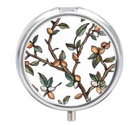 Leaves and Nuts Pill Box - 3 Compartment, Round Metal Pill Case with Mirror, Portable Medicine Holder for Purse/Wallet/Travel