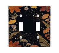 Leaves Double Light Switch Cover Plate, Autumn Floral Flowers Ferns Fall Black Standard Size Wall Switch Plates Accents for New Apartment Home Bedroom Office Decor