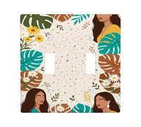 Leaves Double Light Switch Cover Plate, Tropical Natural Flowers Women Summer Green Plastic Standard Size Wall Switch Plates Accents for Home Living Room New Apartment Decor
