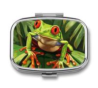 Leaves Green Frog Pill Case Box with 2 Compartment Medicine Vitamin Organizer for Purse Pocket 5.5x4cm