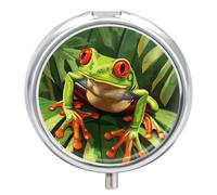 Leaves Green Frog Pill Case Box with 3 Compartment Medicine Vitamin Organizer for Purse Pocket 5x5cm