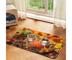 Leaves Happy Thanksgiving Day Pumpkin Patterned Pet Feeding Mat with Water-Absorbing PU Top & Rubber Base - Anti-Slip Dog Cat Food Mat for Cats, Dogs & Pets, 40x60cm