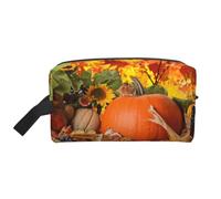 Leaves Happy Thanksgiving Day Pumpkin Prints Large Makeup Bag Makeup Pouch with Handle, Portable Simple Travel Makeup Organizer Case for Women