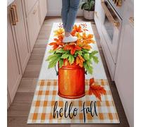 Leaves Runner Rug, Fall Rustic Pumpkin Bucket Fall Orange Low Pile Edge Binding Home Rectangle Carpet for Kitchen Entryway Bathroom Doorway Decor 2x6 Ft