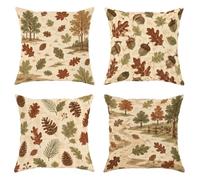 Leaves Throw Pillow Covers Set of 4, Rustic Nature-Inspired Trees Acorns Fall Brown with Hidden Zipper Couch Pillow Covers for Living Room Apartment Bed Sofa Decor 18x18 Inch