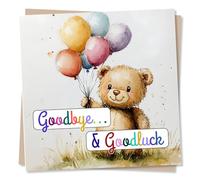 Leaving Card for a Colleague, Friend - Goodbye and Good Luck - Teddy Bear | for Partner, Relative, Special Someone, Co-worker - Balloons, Watercolour, Rainbow Text - Blank Inside, with Envelope