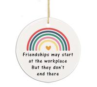 Leaving Gifts, Friendship Ceramic Hanging Ornament For Colleagues, 7.3cm | White ceramic disc, 7.3cm, printed with a rainbow and the words friendships may start at the workplace, on a gold string